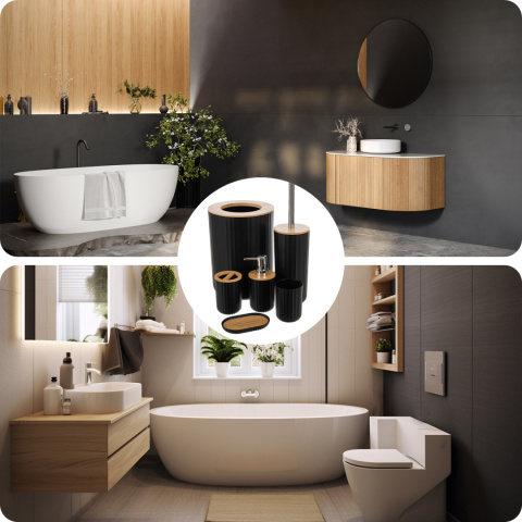 Komplet łazienkowy LOFT Zestaw Akcesoria 6w1 Dozownik, Kosz na śmieci, Kubeki, Mydelniczka, Szczotka WC Czarny Drewno Komplet łazienkowy LOFT Zestaw Akcesoria 6w1 Dozownik, Kosz na śmieci, Kubeki, Mydelniczka, Szczotka WC Czarny Drewno