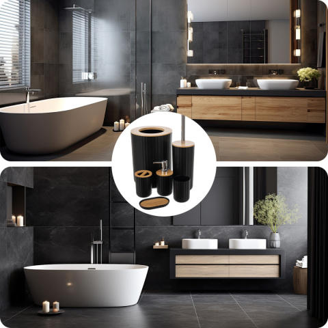 Komplet łazienkowy LOFT Zestaw Akcesoria 6w1 Dozownik, Kosz na śmieci, Kubeki, Mydelniczka, Szczotka WC Czarny Drewno Komplet łazienkowy LOFT Zestaw Akcesoria 6w1 Dozownik, Kosz na śmieci, Kubeki, Mydelniczka, Szczotka WC Czarny Drewno