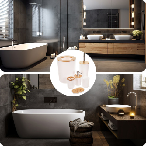 Komplet łazienkowy LOFT Zestaw Akcesoria 6w1 Dozownik, Kosz na śmieci, Kubeki, Mydelniczka, Szczotka WC Biały Drewno Komplet łazienkowy LOFT Zestaw Akcesoria 6w1 Dozownik, Kosz na śmieci, Kubeki, Mydelniczka, Szczotka WC Biały Drewno