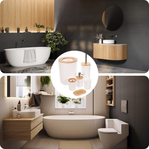 Komplet łazienkowy LOFT Zestaw Akcesoria 6w1 Dozownik, Kosz na śmieci, Kubeki, Mydelniczka, Szczotka WC Biały Drewno Komplet łazienkowy LOFT Zestaw Akcesoria 6w1 Dozownik, Kosz na śmieci, Kubeki, Mydelniczka, Szczotka WC Biały Drewno